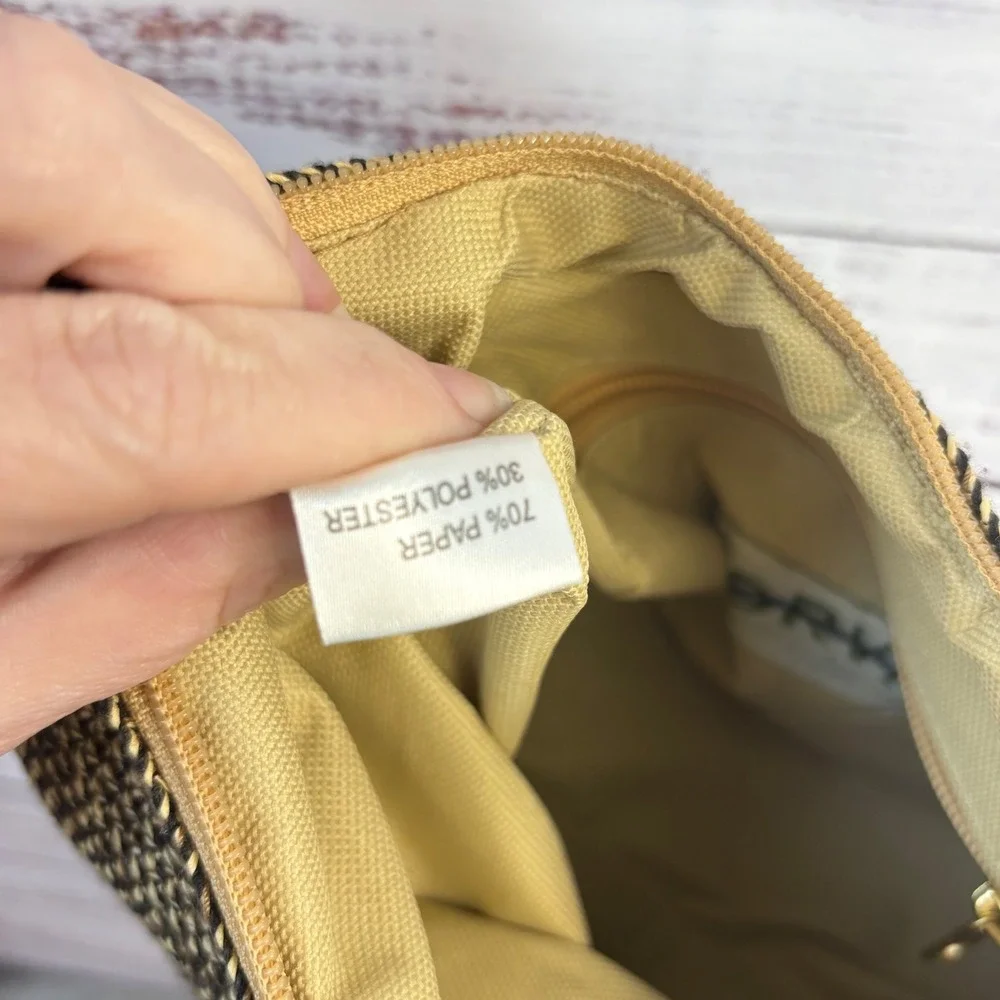 Orvis Woven Straw Hobo Shoulder Bag Black Tan Paper Blend Top Zip 1004564‎ 1P5